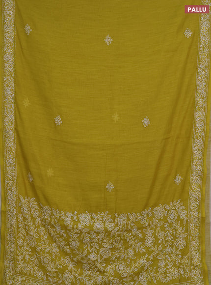 Khadi linen cotton saree lime green with embroidery buttas and kantha stitch work pallu & border