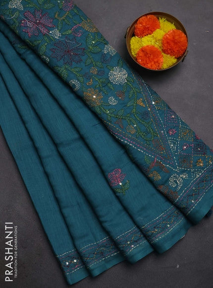 Khadi linen cotton saree teal green with floral embroidery buttas and kantha stitch work pallu & border