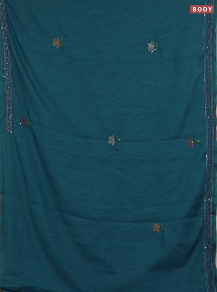 Khadi linen cotton saree teal green with floral embroidery buttas and kantha stitch work pallu & border