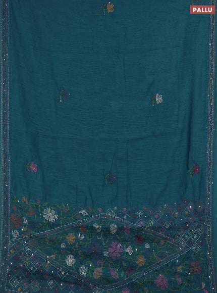 Khadi linen cotton saree teal green with floral embroidery buttas and kantha stitch work pallu & border