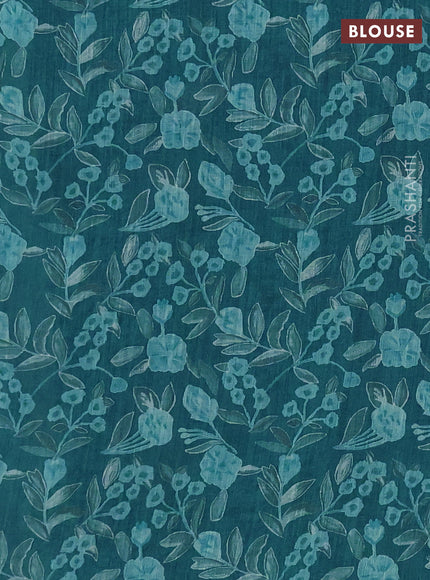 Khadi linen cotton saree teal green with floral embroidery buttas and kantha stitch work pallu & border