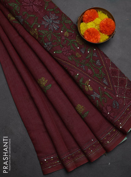 Khadi linen cotton saree maroon with floral embroidery buttas and kantha stitch work pallu & border