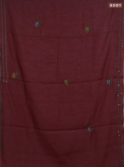 Khadi linen cotton saree maroon with floral embroidery buttas and kantha stitch work pallu & border