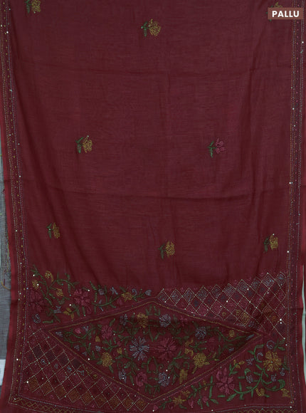 Khadi linen cotton saree maroon with floral embroidery buttas and kantha stitch work pallu & border