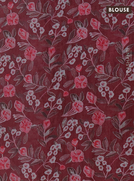 Khadi linen cotton saree maroon with floral embroidery buttas and kantha stitch work pallu & border
