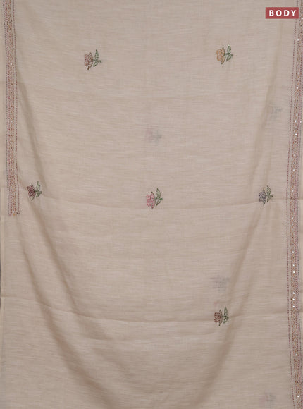Khadi linen cotton saree beige with floral embroidery buttas and kantha stitch work pallu & border