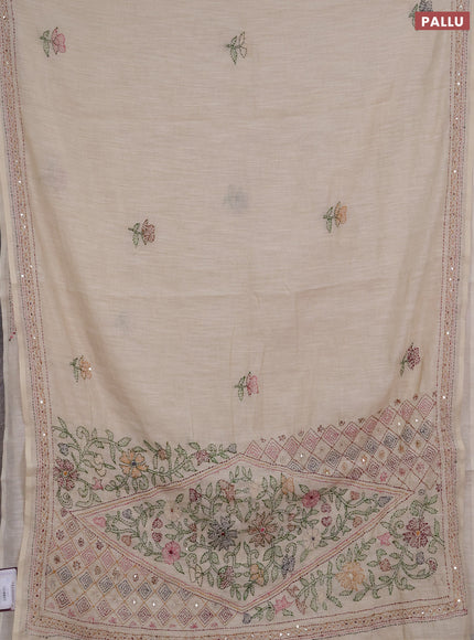 Khadi linen cotton saree beige with floral embroidery buttas and kantha stitch work pallu & border