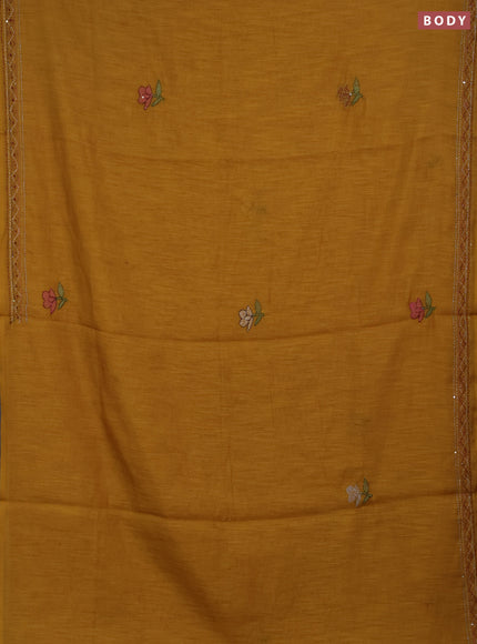 Khadi linen cotton saree mustard yellow with floral embroidery buttas and kantha stitch work pallu & border