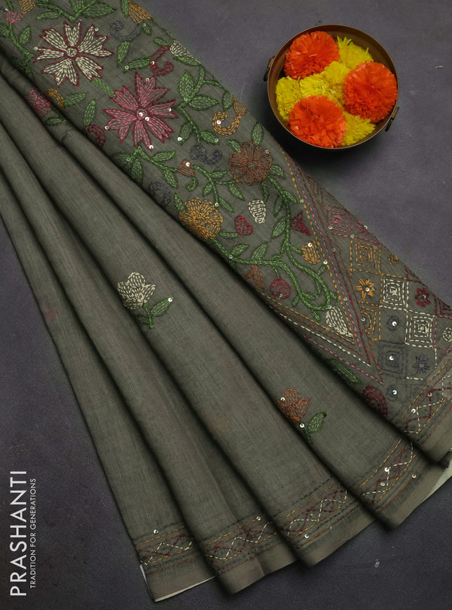 Khadi linen cotton saree grey shade with floral embroidery buttas and kantha stitch work pallu & border