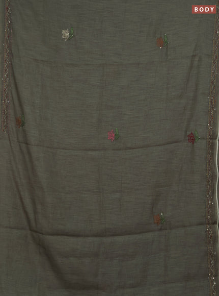 Khadi linen cotton saree grey shade with floral embroidery buttas and kantha stitch work pallu & border