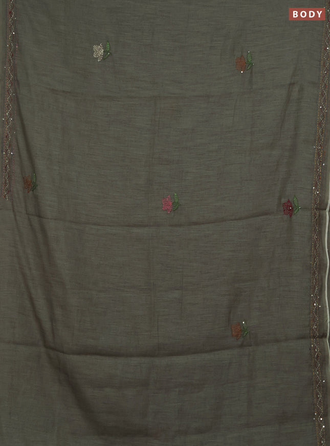 Khadi linen cotton saree grey shade with floral embroidery buttas and kantha stitch work pallu & border