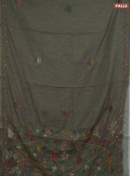Khadi linen cotton saree grey shade with floral embroidery buttas and kantha stitch work pallu & border