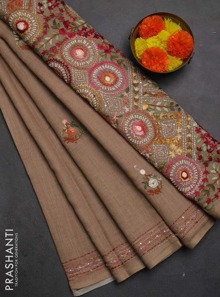 Khadi linen cotton saree dark beige with embroidery buttas and kantha stitch work pallu & border
