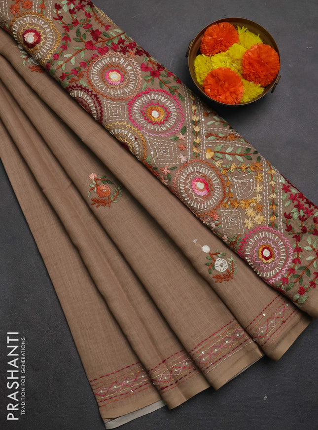 Khadi linen cotton saree dark beige with embroidery buttas and kantha stitch work pallu & border