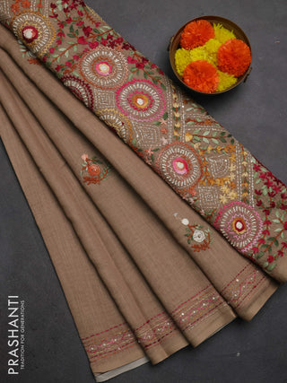 Khadi linen cotton saree dark beige with embroidery buttas and kantha stitch work pallu & border