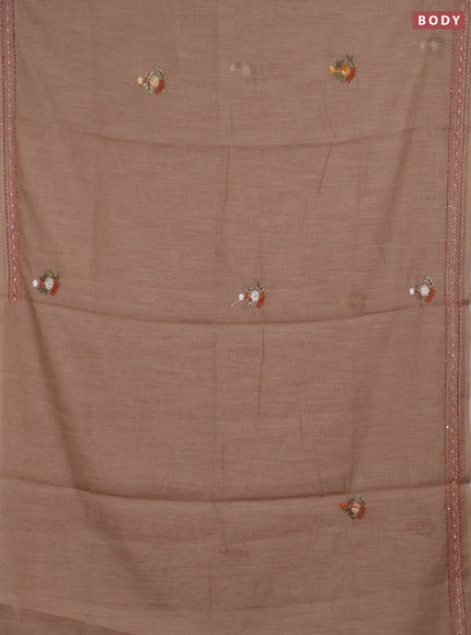 Khadi linen cotton saree dark beige with embroidery buttas and kantha stitch work pallu & border