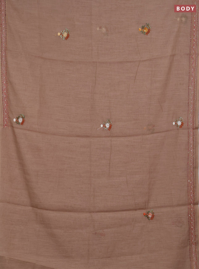 Khadi linen cotton saree dark beige with embroidery buttas and kantha stitch work pallu & border