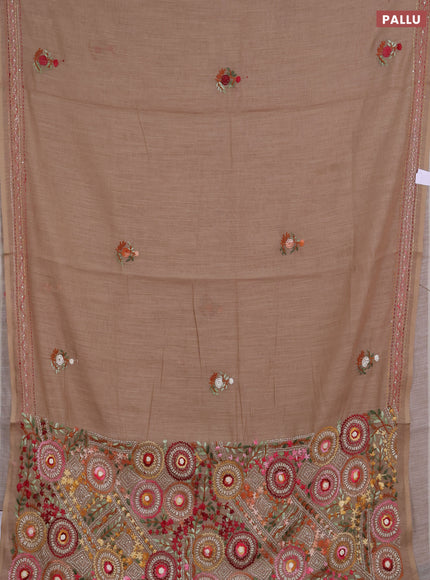 Khadi linen cotton saree dark beige with embroidery buttas and kantha stitch work pallu & border