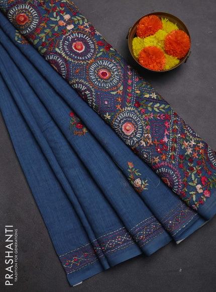Khadi linen cotton saree blue with embroidery buttas and kantha stitch work pallu & border