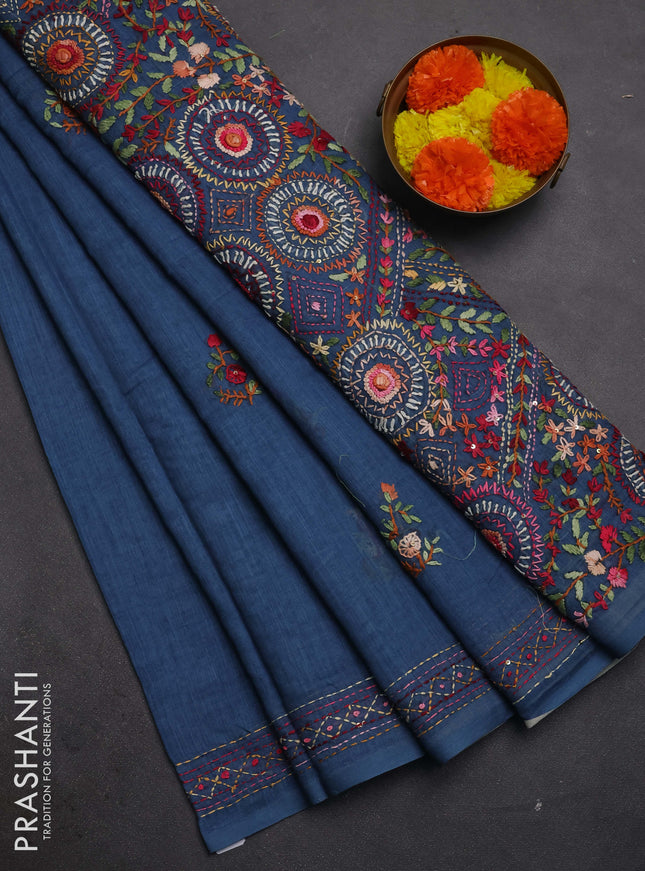 Khadi linen cotton saree blue with embroidery buttas and kantha stitch work pallu & border