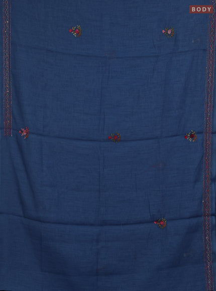 Khadi linen cotton saree blue with embroidery buttas and kantha stitch work pallu & border