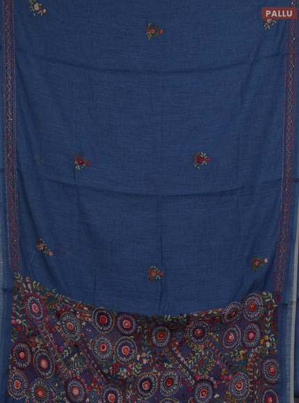 Khadi linen cotton saree blue with embroidery buttas and kantha stitch work pallu & border