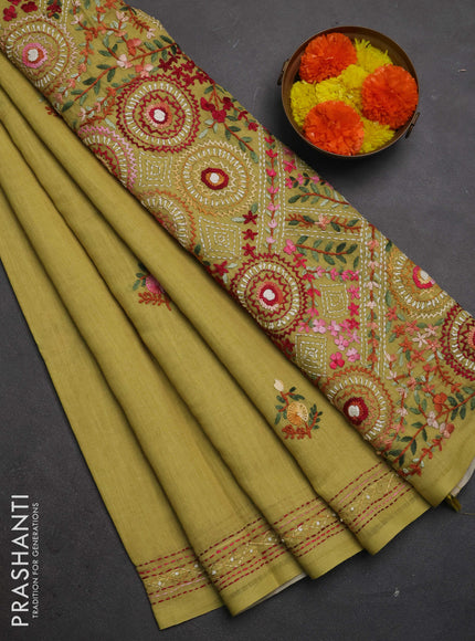 Khadi linen cotton saree lime yellow with embroidery buttas and kantha stitch work pallu & border
