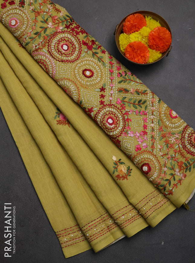 Khadi linen cotton saree lime yellow with embroidery buttas and kantha stitch work pallu & border
