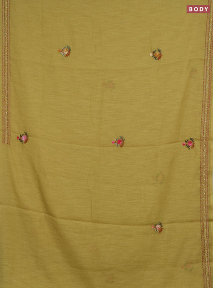 Khadi linen cotton saree lime yellow with embroidery buttas and kantha stitch work pallu & border