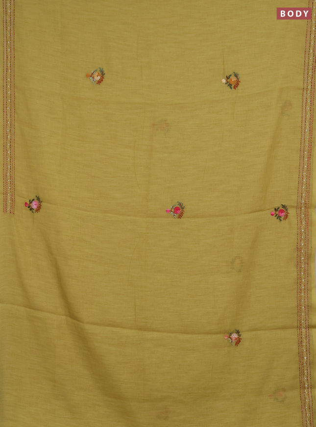 Khadi linen cotton saree lime yellow with embroidery buttas and kantha stitch work pallu & border