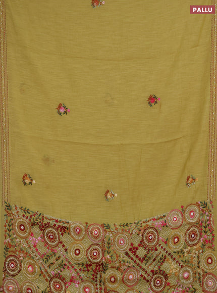 Khadi linen cotton saree lime yellow with embroidery buttas and kantha stitch work pallu & border