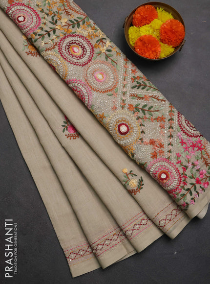 Khadi linen cotton saree beige with embroidery buttas and kantha stitch work pallu & border