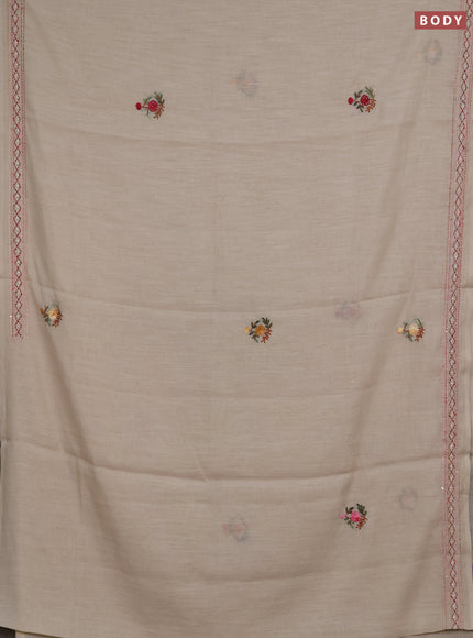 Khadi linen cotton saree beige with embroidery buttas and kantha stitch work pallu & border