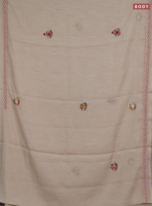 Khadi linen cotton saree beige with embroidery buttas and kantha stitch work pallu & border
