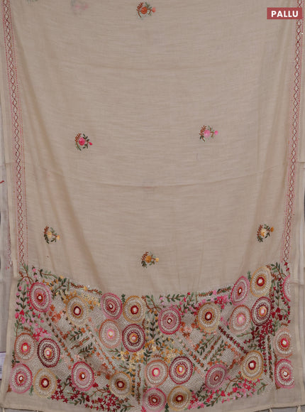 Khadi linen cotton saree beige with embroidery buttas and kantha stitch work pallu & border