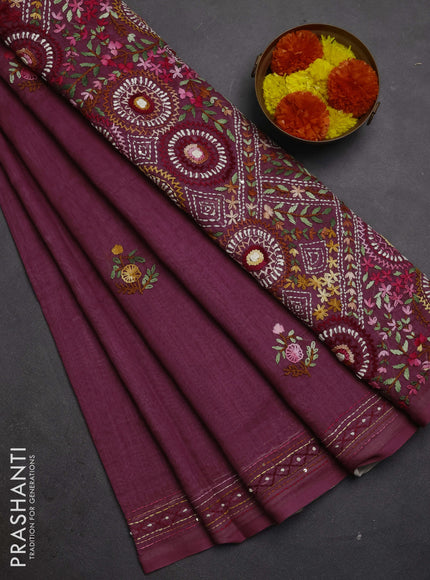 Khadi linen cotton saree wine shade with embroidery buttas and kantha stitch work pallu & border