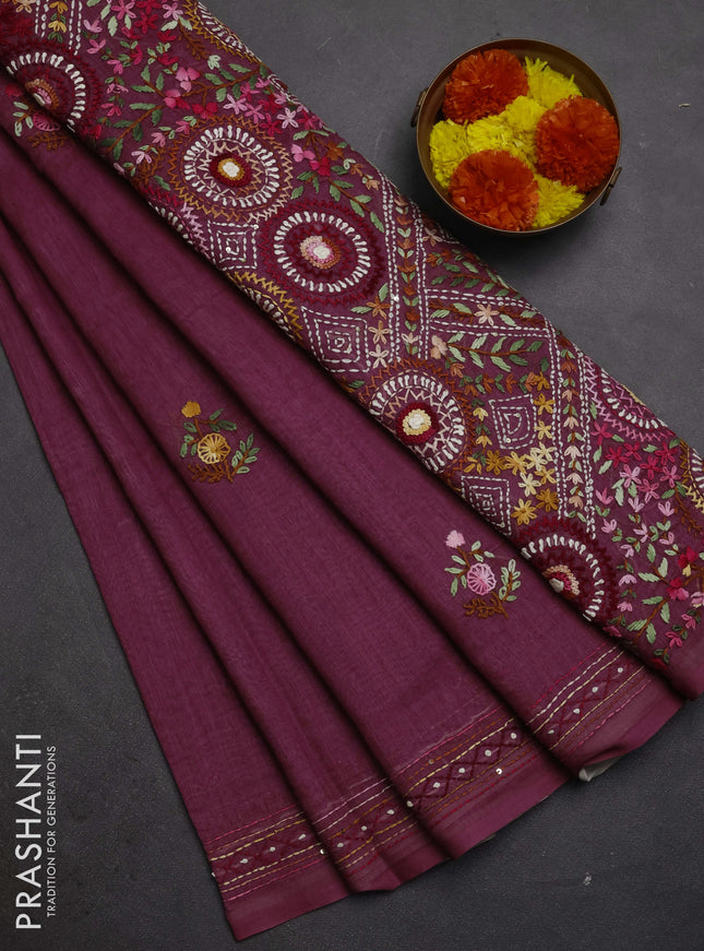 Khadi linen cotton saree wine shade with embroidery buttas and kantha stitch work pallu & border