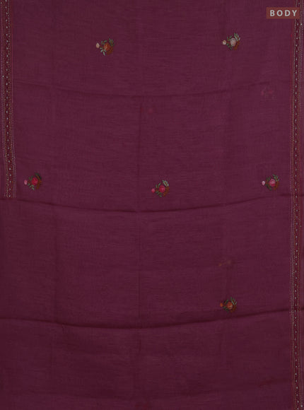Khadi linen cotton saree wine shade with embroidery buttas and kantha stitch work pallu & border