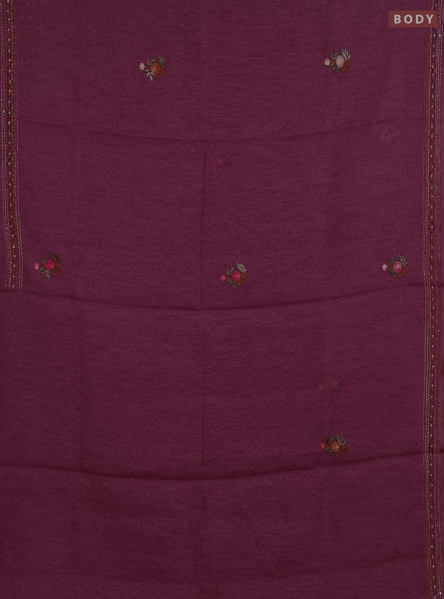 Khadi linen cotton saree wine shade with embroidery buttas and kantha stitch work pallu & border