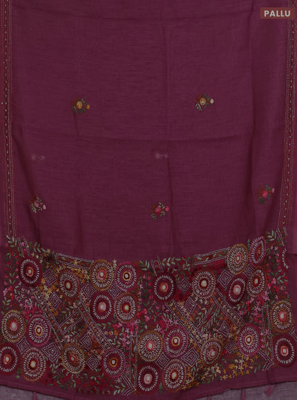 Khadi linen cotton saree wine shade with embroidery buttas and kantha stitch work pallu & border