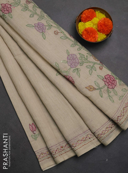 Khadi linen cotton saree beige with embroidery buttas and kantha stitch work pallu & border
