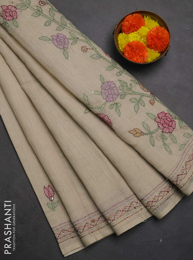 Khadi linen cotton saree beige with embroidery buttas and kantha stitch work pallu & border