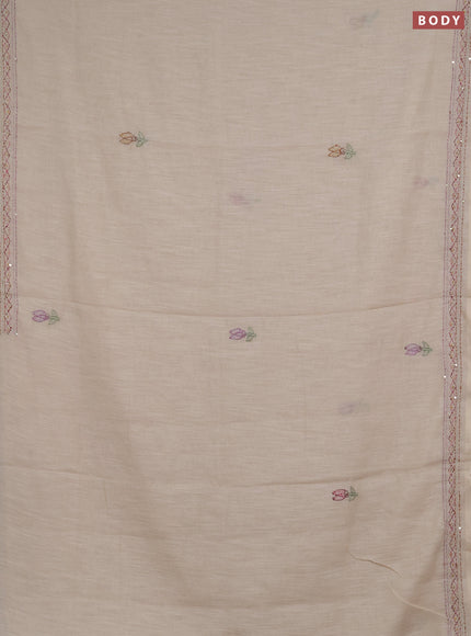 Khadi linen cotton saree beige with embroidery buttas and kantha stitch work pallu & border