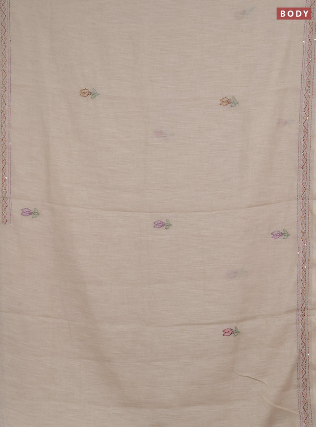 Khadi linen cotton saree beige with embroidery buttas and kantha stitch work pallu & border
