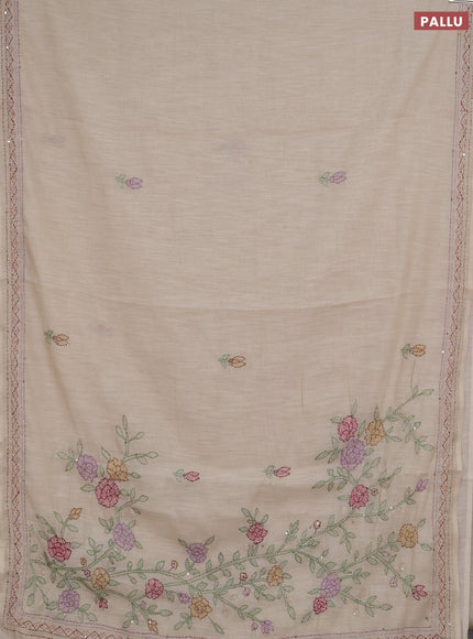 Khadi linen cotton saree beige with embroidery buttas and kantha stitch work pallu & border
