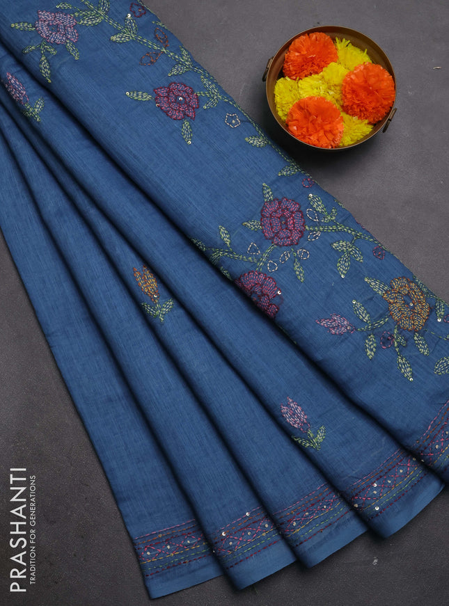 Khadi linen cotton saree blue with embroidery buttas and kantha stitch work pallu & border