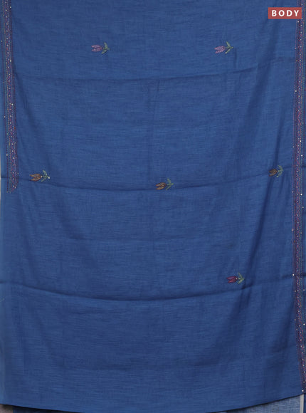 Khadi linen cotton saree blue with embroidery buttas and kantha stitch work pallu & border