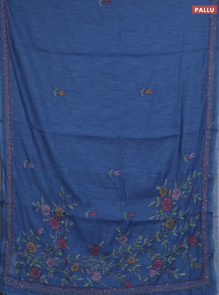 Khadi linen cotton saree blue with embroidery buttas and kantha stitch work pallu & border