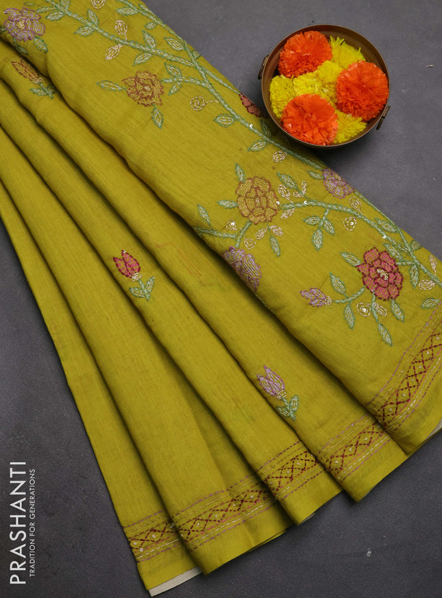 Khadi linen cotton saree lime green with embroidery buttas and kantha stitch work pallu & border