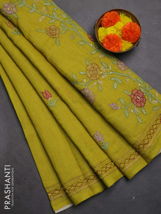 Khadi linen cotton saree lime green with embroidery buttas and kantha stitch work pallu & border